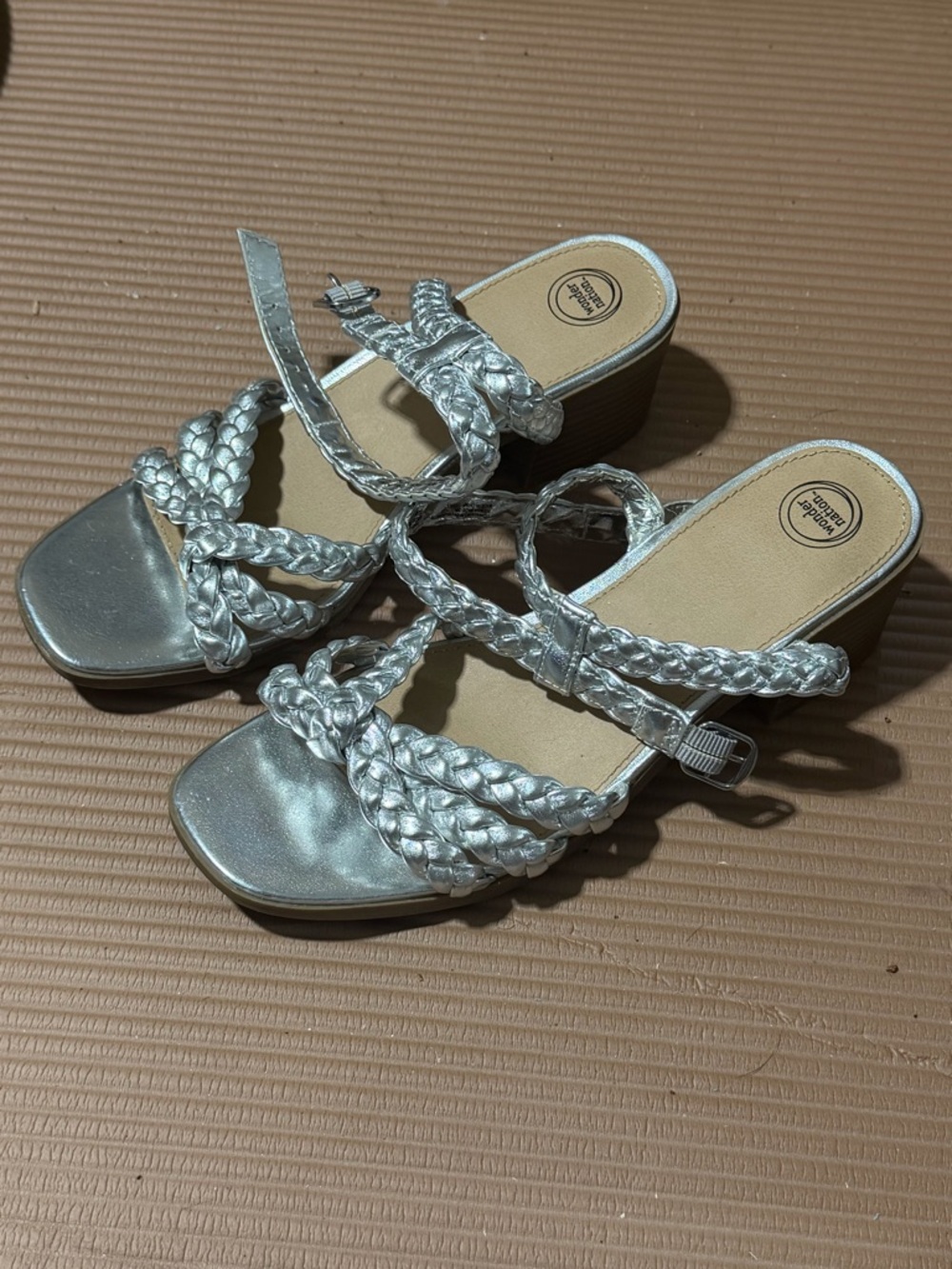wonder nation Silver Braided Strappy Block Heel Sandals